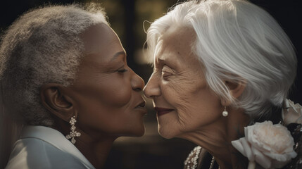 Old women lesbian couple. marrage Black and Caucasian female bride in love. LGBT pride month celebration generative ai