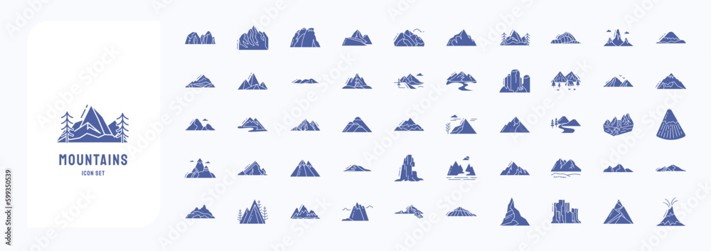 A collection sheet of solid icons for Mountains and hills landscape ...
