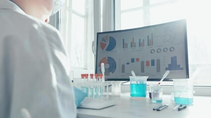 Poster - The medical laboratory uses advanced technology to analyze medical data and research new treatments. Scientist behind a PC screen studies the statistics of disease and the impact of pharmaceuticals