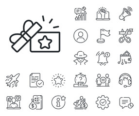 Poster - Bonus points. Salaryman, gender equality and alert bell outline icons. Loyalty gift box line icon. Discount program symbol. Loyalty gift line sign. Spy or profile placeholder icon. Vector