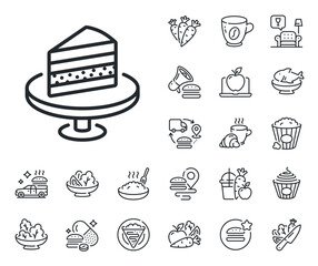 Wall Mural - Sweet dessert sign. Crepe, sweet popcorn and salad outline icons. Cake line icon. Confectionery or pastry symbol. Cake line sign. Pasta spaghetti, fresh juice icon. Supply chain. Vector