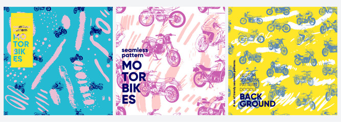 Motorbike. A set of vector seamless patterns. Trending illustrations for t-shirt prints, posters, labels, music covers.