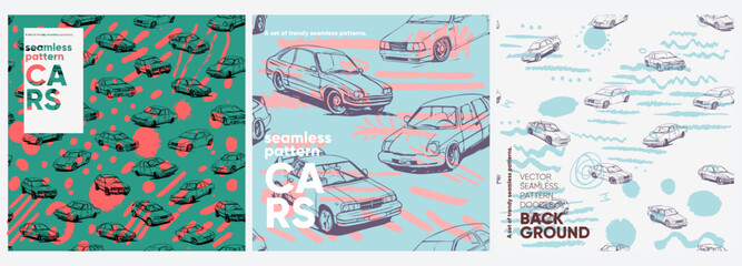 Fototapete - Cars pattern. A set of vector seamless patterns. Trending illustrations for t-shirt prints, posters, labels, music covers.