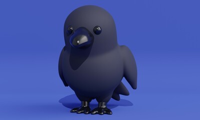 Poster - Cartoon black raven on a blue background. 3d rendering