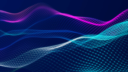 Poster - Lights background. Colored music wave. Big data digital code. Futuristic dots Illustration. 3D