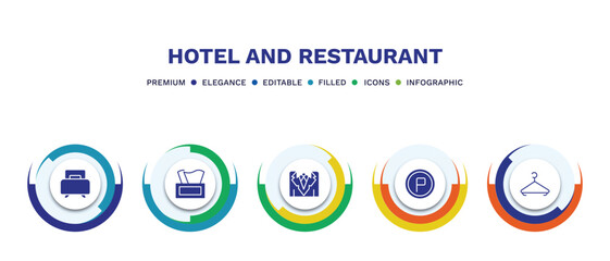 Wall Mural - set of hotel and restaurant filled icons. hotel and restaurant filled icons with infographic template. flat icons such as single bed, napkins, suits, parking, hanger vector.