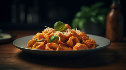 Wall Mural - Cheese tortellini with tomato sauce and fresh basil Generative AI 