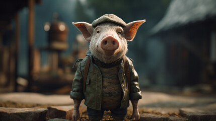 Wall Mural - Pig in farmers clothes Generative AI 