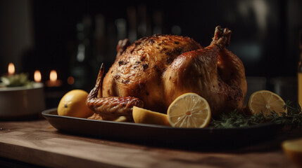 Canvas Print - Roasted chicken with lemon and garlic Generative AI 