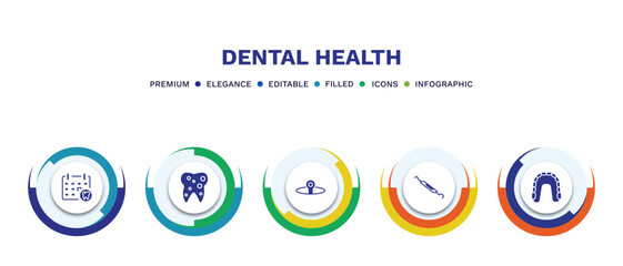 Wall Mural - set of dental health filled icons. dental health filled icons with infographic template. flat icons such as dental appointment, inner tooth, headlamp, probe, maxilla vector.