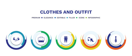 Wall Mural - set of clothes and outfit filled icons. clothes and outfit filled icons with infographic template. flat icons such as ballets flats, messenger bag, pegged pants, ankle boots, tie vector.