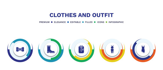 Wall Mural - set of clothes and outfit filled icons. clothes and outfit filled icons with infographic template. flat icons such as bow tie, wool boots, collarless cotton shirt, jumpsuit, jersey wrap dress