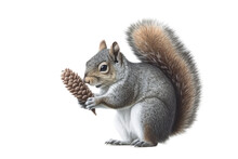  An Isolated Grey Squirrel Holding A Pinecone, Preservation, Backyard Wildlife, Wildlife-themed, Photorealistic Illustration On A Transparent Background Cutout In PNG. Generative AI