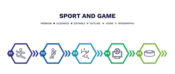 Sticker - set of sport and game thin line icons. sport and game outline icons with infographic template. linear icons such as dancer motion, man punching, slalom, football channel, hockey puck vector.