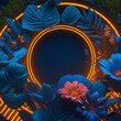 Abstract Orange Neon Glowing Arch With  Blue Tropical Closeup Leaves And Flowers Party Summer Night Club Mood Refreshing  Green Nature Generative Ai Illustration