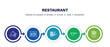 set of restaurant thin line icons. restaurant outline icons with infographic template. linear icons such as tray and cover, open menu, sushi mix, lateral pan, french fries box vector.