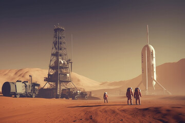 Wall Mural - astronauts wearing space suits walking on red planet, standing near base for colonization. martian c