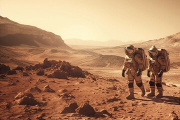 Wall Mural - astronauts wearing space suits walking on red planet. martian colony. mars colonization. created wit