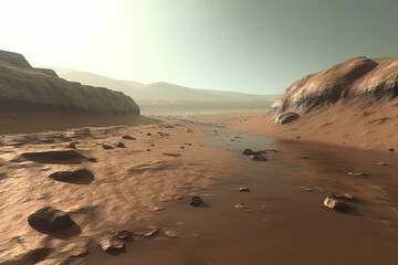 space expedition for colonization mars. water in soil of mars. martian landscape. the surface of red