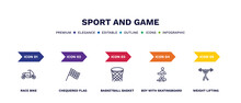 Set Of Sport And Game Thin Line Icons. Sport And Game Outline Icons With Infographic Template. Linear Icons Such As Race Bike, Chequered Flag, Basketball Basket, Boy With Skatingboard, Weight