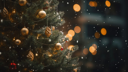 Wall Mural - decorated christmas tree with bokeh background. generative ai