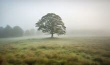  A Lone Tree In A Foggy Field With Trees In The Distance.  Generative Ai