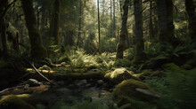 A Dense Forest With Towering Trees And Babbling Brook Generative AI 