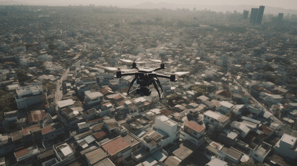 Wall Mural - A drone hovering over a bustling city Generative AI 