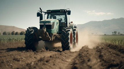 Canvas Print - A farm tractor plowing a vast field Generative AI 