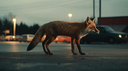 Wall Mural - A fox darting across an empty parking lot in search Generative AI 