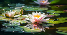 Beautiful Pink Lotus Flower With A Green Leaf In The Pond. A Pink Lotus Water Lily Blooming On The Water, Magical Spring,summer Dreamy Background