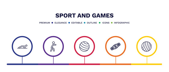 Wall Mural - set of sport and games thin line icons. sport and games outline icons with infographic template. linear icons such as man doing pushups, man punching, gym ball, champion belt, exercise ball vector.