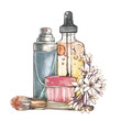 Cream, oil skin care, brush, flowers isolated on white background. Watercolor hand drawing illustration. Art for design