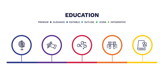 set of education thin line icons. education outline icons with infographic template. linear icons such as classroom globe, write by hand, chemical formula, chemical test tube, fraternity vector.