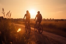 Young Couple Man And Woman Bicyclists With Backpacks Riding Under Sunset Light At The Early Warm Summer Time,  Ai Generative