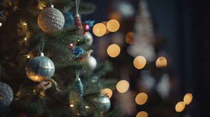 Wall Mural - decorated christmas tree with bokeh background. generative ai