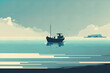 Seascape with fishing sailboat in calm waters, silhouette of fishing boat, boat sailing in the ocean, silhouette of the sea and ship, minimalistic marine landscape, flat illustration, generative ai