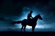 Horse racing at night. Silhouette of thoroughbred and jockey