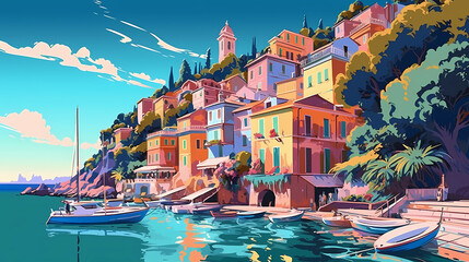 Wall Mural - Illustration of beautiful view of Portofino, Italy
