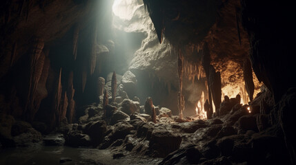 Canvas Print - A mysterious cave with stalactites and stalagmites Generative AI 