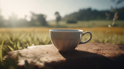 Poster - Cup of coffee on a farm background Generative AI 