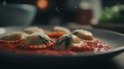 Canvas Print - Ricotta Ravioli with Spinach and Tomato Sauce Generative AI 