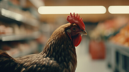 Poster - rooster at the supermarket Generative AI 