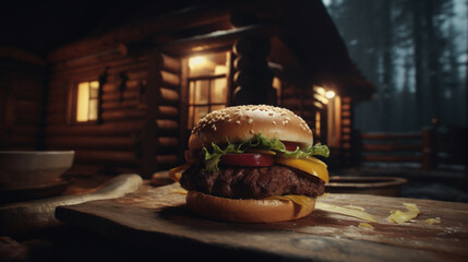 Sticker - Rustic burger in a mountain cabin Generative AI 