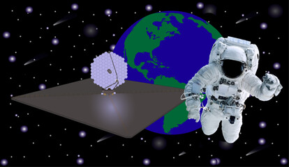 Wall Mural - space astronaut in new space suit in a front of new ultraviolet luvoir multiobject space telescope c