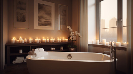 Wall Mural - bathroom with large, white soaking tub and candles. Generative Ai