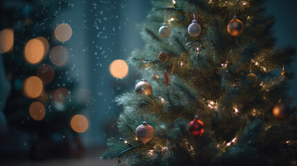 Wall Mural - decorated christmas tree with bokeh background. generative ai