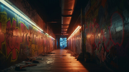 Canvas Print - A neon-lit tunnel with intricate graffiti artwork Generative AI 