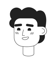 Poster - Beaming young guy with fluffy hairstyle monochromatic flat vector character head. Editable black white cartoon face emotion. Hand drawn lineart ink spot illustration for web graphic design, animation
