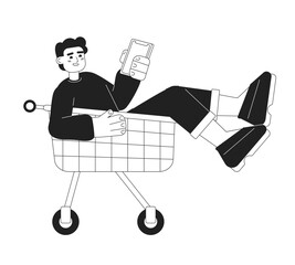 Poster - Happy man in shopping trolley holding phone monochromatic flat vector character. Editable thin line full body person on white. Simple bw cartoon spot image for web graphic design, animation